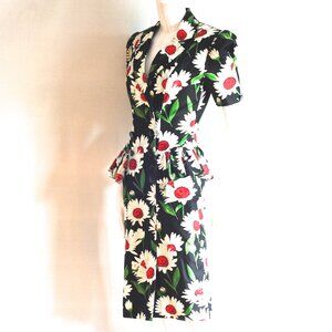 David Molho Paris Creation 1980's Peplum Cotton Daisy Dress - France